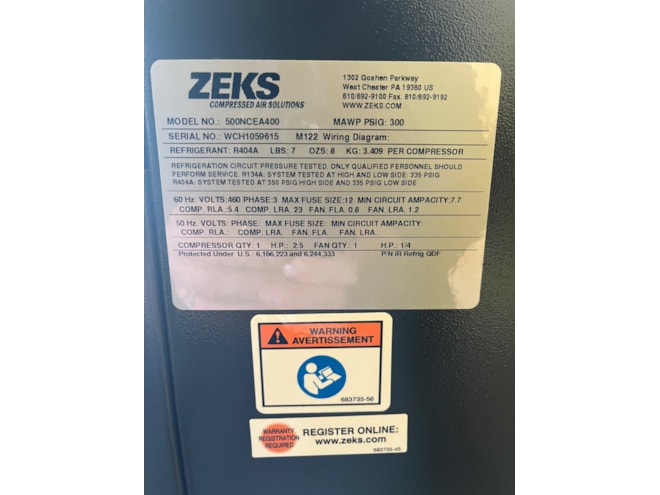 ZEKS 500NCEA400, 500 CFM Refrigerated Air Dryer, 460/3/60